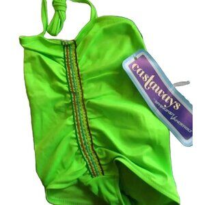 GIRLS 3x Swimsuit  Vintage 1980's NYLON STRETCH NEON GREEN 1 Piece swim suit